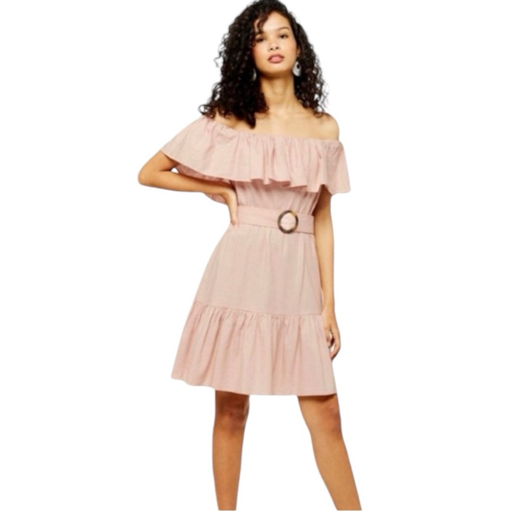 NWOT Topshop Blush Pink Linen Blend Ruffle Bardot Size 4 Off the Shoulder Dress